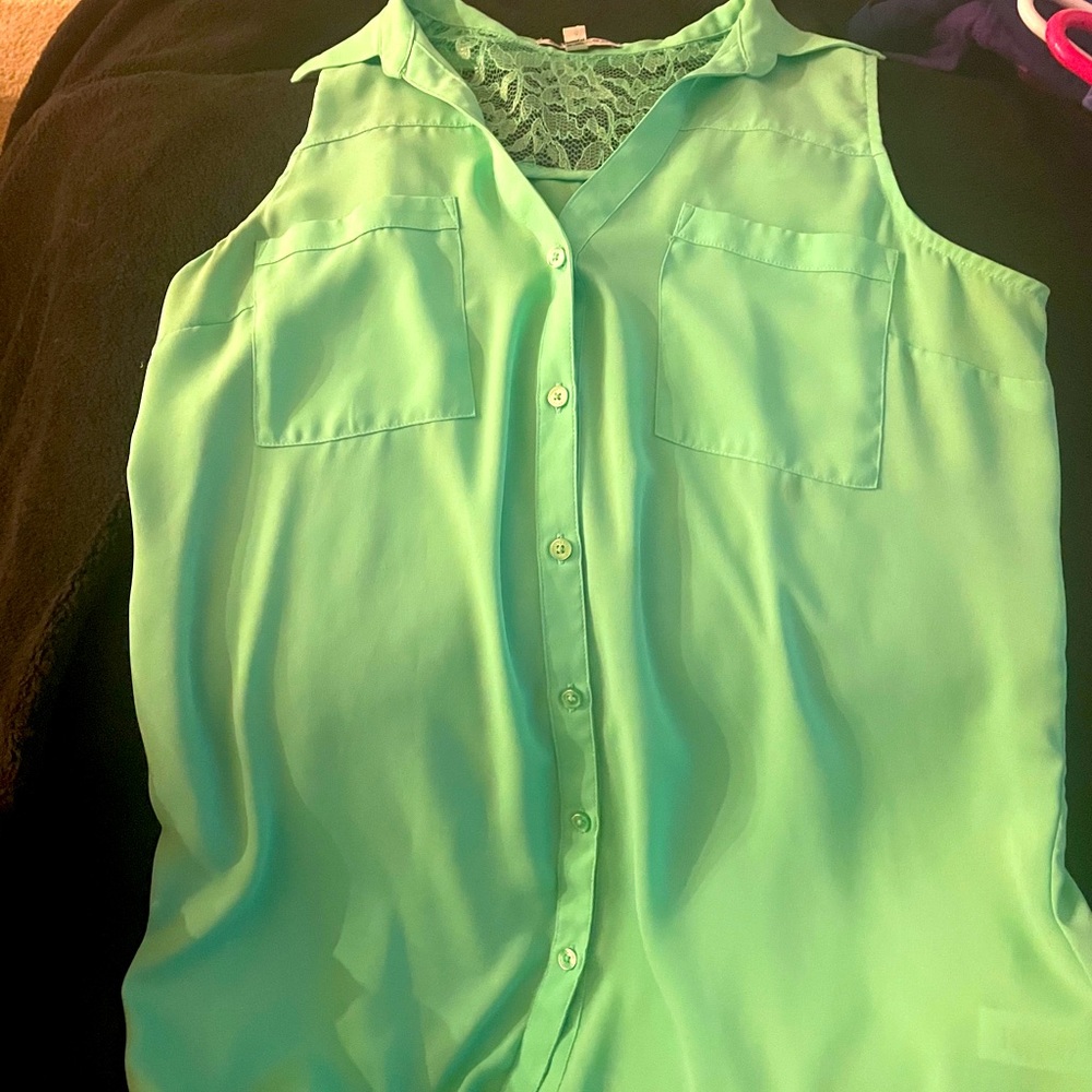 Mint green Express blouse tank. Lace. Button up.